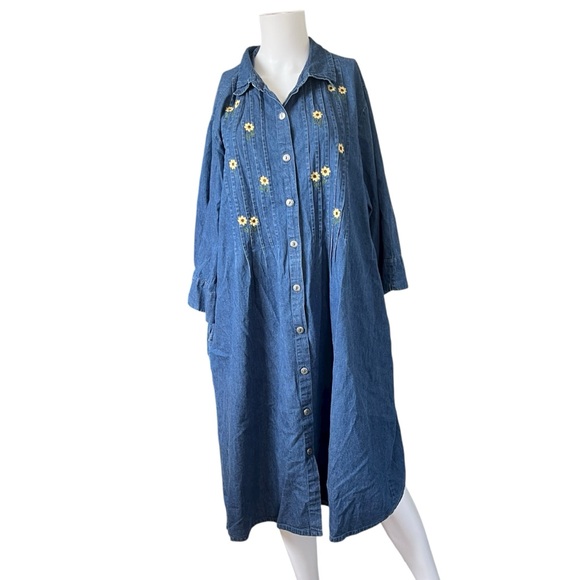 Vintage Blue Sunflower Embroidered Dress Button Front Pleated Cottagecore - Picture 1 of 11